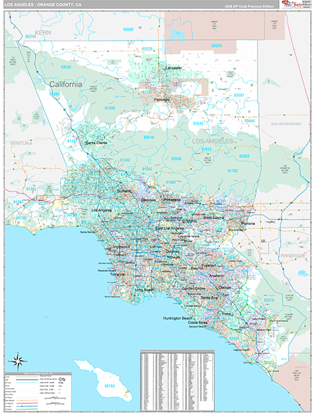 Los Angeles-Orange Counties, CA Wall Map